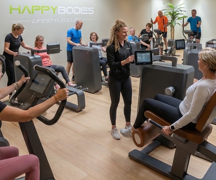Leden trainen op het Milon-circuit onder begeleiding van een coach