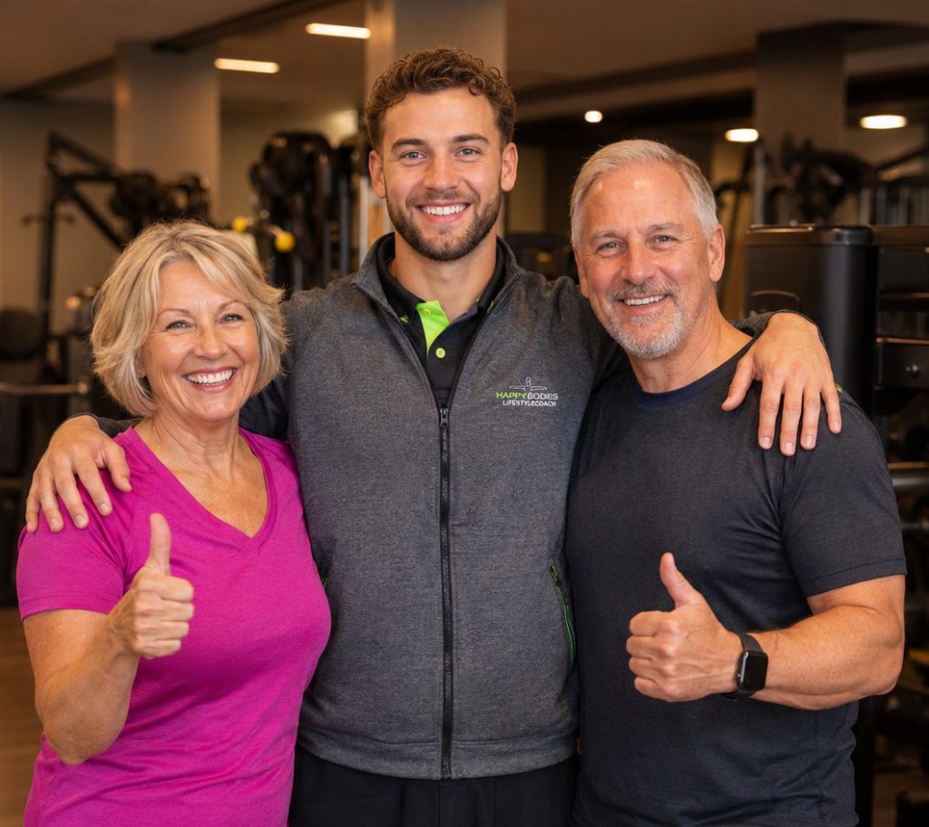 Trainer van Happy Bodies met twee leden in de club, duimen omhoog