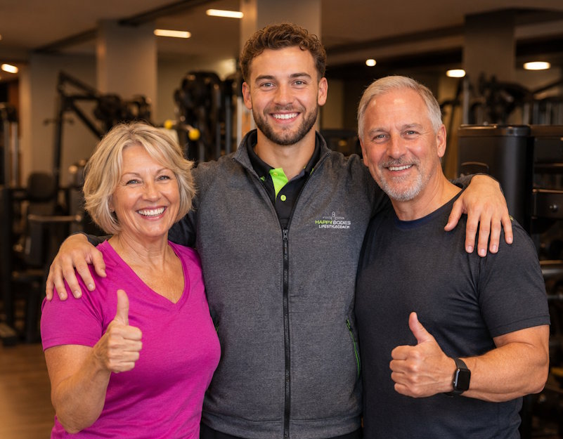 Trainer van Happy Bodies met twee leden, duimen omhoog