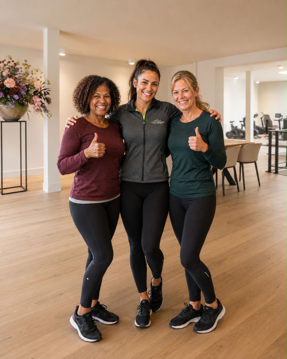 Drie leden van Happy Bodies in de club, duimen omhoog